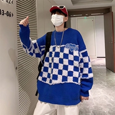 棋盘格毛衣男秋冬新款日系潮牌宽松休闲情侣针织衫上衣M0835-p48，男装针织衫/毛衣，星座1008-1