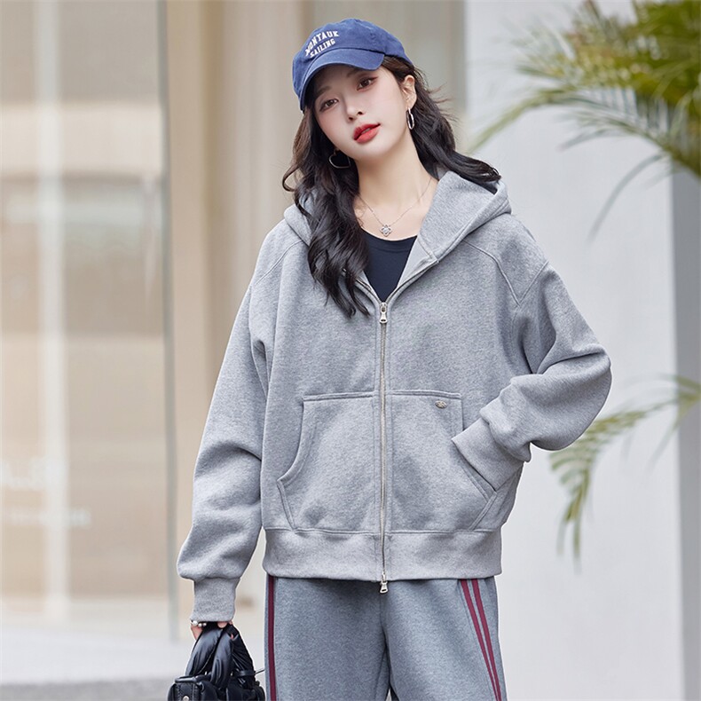 加绒加厚开衫空气层连帽卫衣女安可拉红宽松中长款外套,女装卫衣/绒衫,梦懿尔