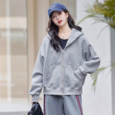 加绒加厚开衫空气层连帽卫衣女安可拉红宽松中长款外套，女装卫衣/绒衫，梦懿尔