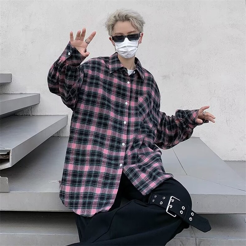 港味长袖防晒衬衣男女秋季慵懒风休闲宽松显瘦格子衬衫外套上衣,男装防晒衣,星座716-2