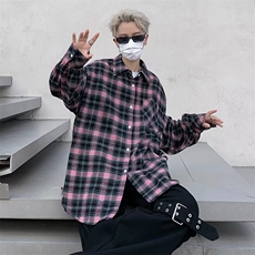 港味长袖防晒衬衣男女秋季慵懒风休闲宽松显瘦格子衬衫外套上衣，男装防晒衣，星座716-2