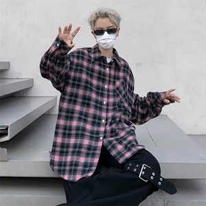 港味长袖防晒衬衣男女秋季慵懒风休闲宽松显瘦格子衬衫外套上衣图片