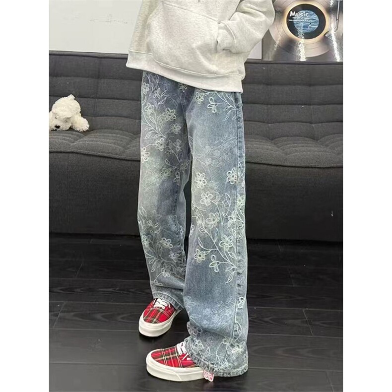 网图有货浅蓝色满印提花牛仔裤男女宽松显瘦微喇长裤A1314-P42,男装牛仔裤,星座1505