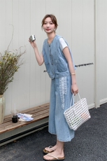 现货牛仔三件套T+马甲+阔腿裤送蕾丝丝巾2C236-M26-P175-K238，女装套装/套裙，2C236