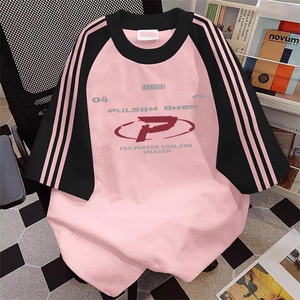 夏季美式高街重磅纯棉三条杠织带插肩撞色男女短袖T恤CZ173-特P25图片