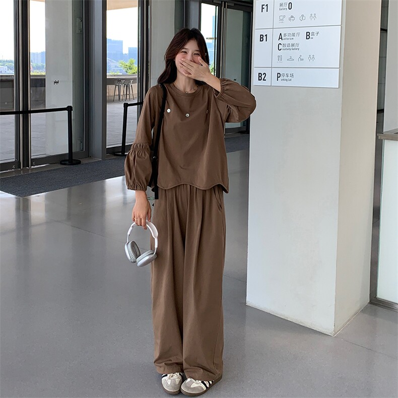 2024秋款时尚宽松显瘦长袖阔腿裤两件套女装套装,女装套装/套裙,灵力轩