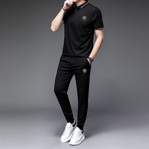 套装男短袖2023夏季款长裤上衣休闲服饰小脚束脚裤夏圆领打图片