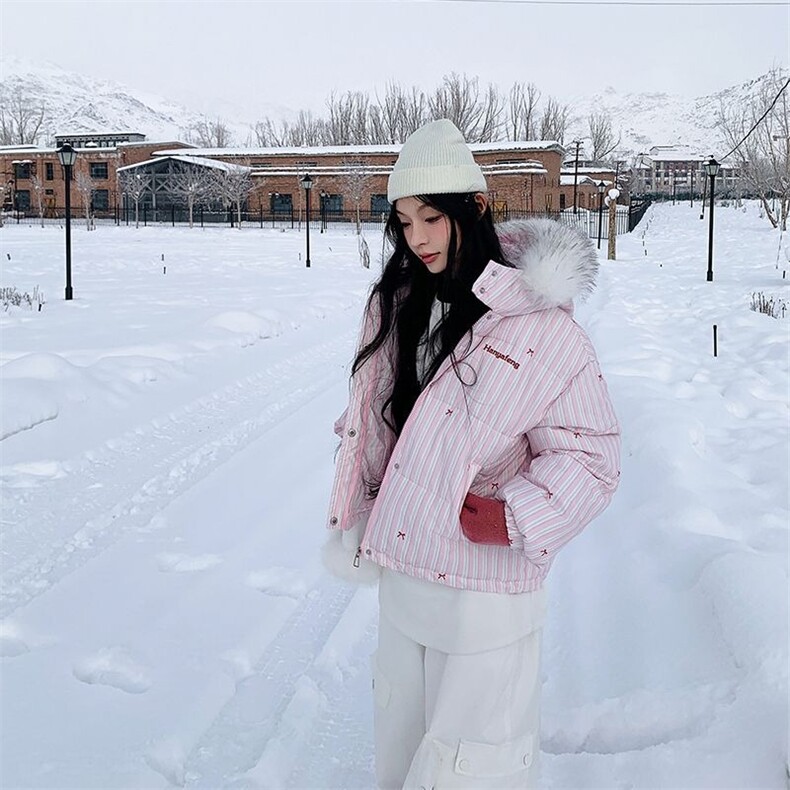 美式设计感条纹蝴蝶结毛领连帽棉服外套女冬季新款加厚保暖棉衣,男装棉衣,星座506A