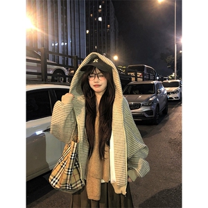 [网图]加绒开衫连帽卫衣美式复古条纹短款外套5D1202-TP65118图片
