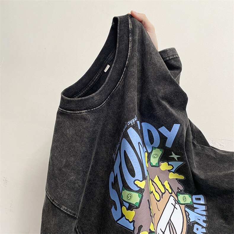 EQ226*水洗做旧卡通印花短袖男夏季蜡染情侣装T恤港风ins潮流图片