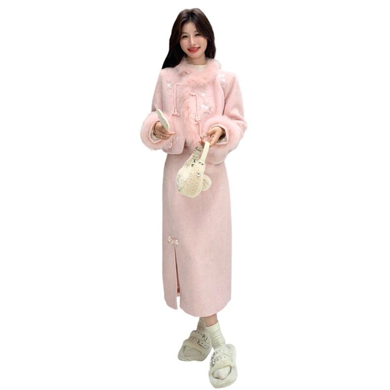 粉色千金感羽绒服外套半身裙套装女秋冬2025新款新中式刺绣两件套,女装羽绒服,2C259