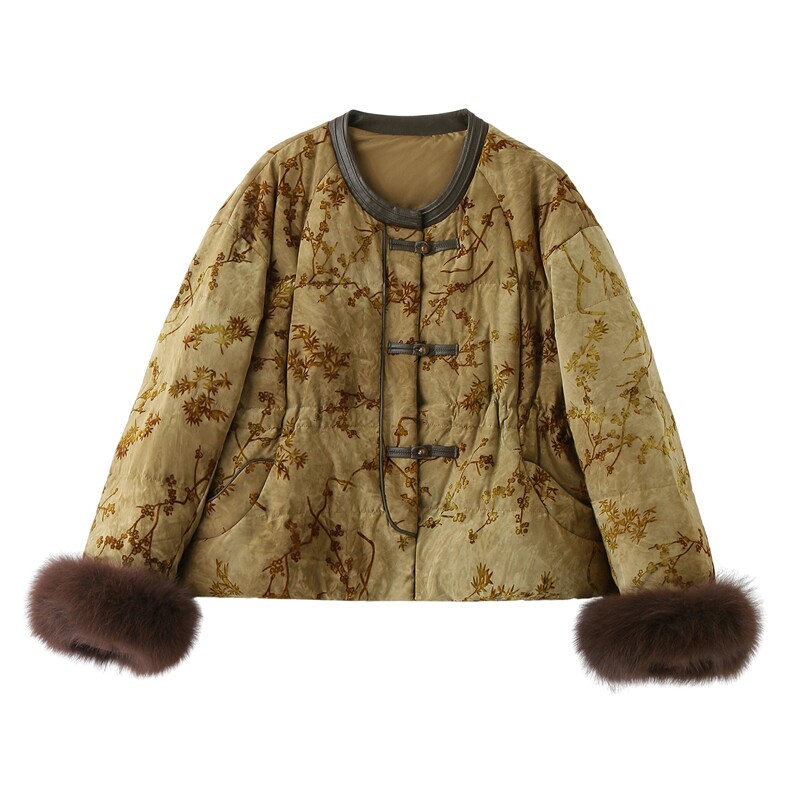 现货狐狸毛羽绒服女提花短外套2025冬季新款新中式白鸭绒上衣,女装羽绒服,仟媚宠