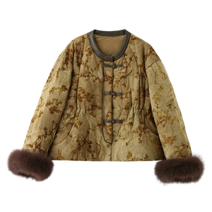 现货狐狸毛羽绒服女提花短外套2025冬季新款新中式白鸭绒上衣图片