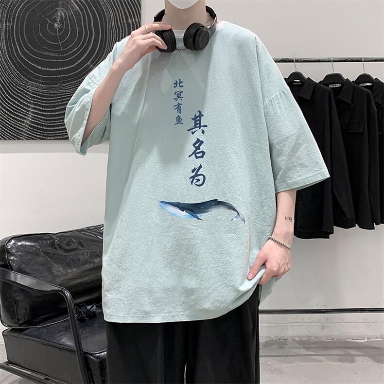 YT26261-P30亚麻短袖t恤男大码五分袖男宽松七分袖港风模特,男装T恤,电商A040