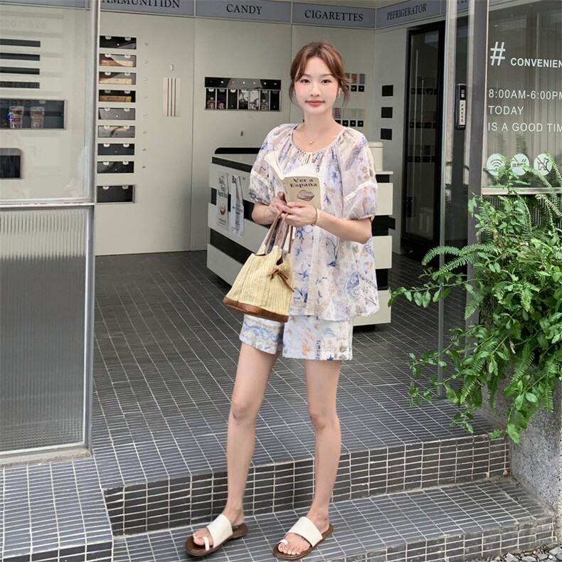 法式浪漫印花套装女2025夏季新款小个子超好看休闲阔腿短裤两件套,女装套装/套裙,2D044