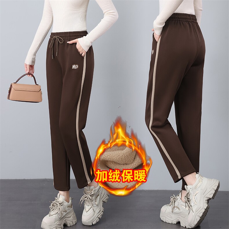 抽绳松紧腰加绒卫裤2023冬季新款宽松休闲运动竖条显瘦裤子，女装大码女装，奕阳依阁