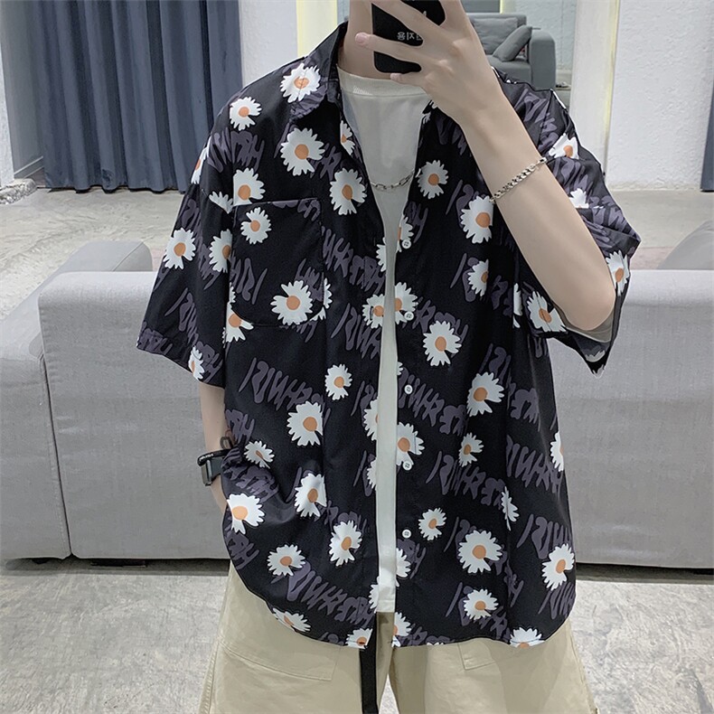 夏季潮牌雏菊短袖衬衫男慵懒痞帅韩版宽松半袖衬衣513-3-C618-P45图片