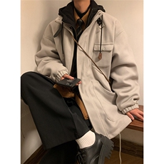EQ158冬季日系港风加厚毛呢大衣连帽棉衣棉服假两件宽松外套P145，男装棉衣，电商C306-1