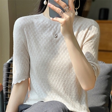 一线成衣夏季新款精纺羊毛短袖t恤女宽松圆领花边针织衫半袖上衣，女装针织衫/毛衣，大美人高端店
