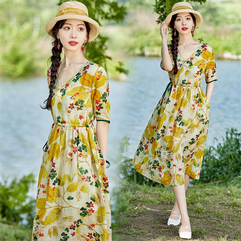 新中式裙子女夏宽松显瘦2025新款中年显高显白长裙收腰棉麻连衣裙，女装连衣裙，水衣源