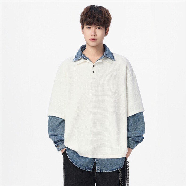 25775-特P80时尚翻领毛衣牛仔拼接男针织衫假两件宽松打底衫,男装T恤,电商D310B