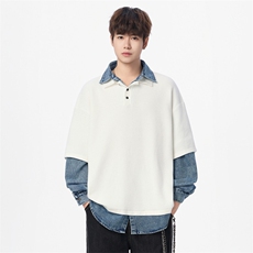 25775-特P80时尚翻领毛衣牛仔拼接男针织衫假两件宽松打底衫，男装T恤，电商D310B