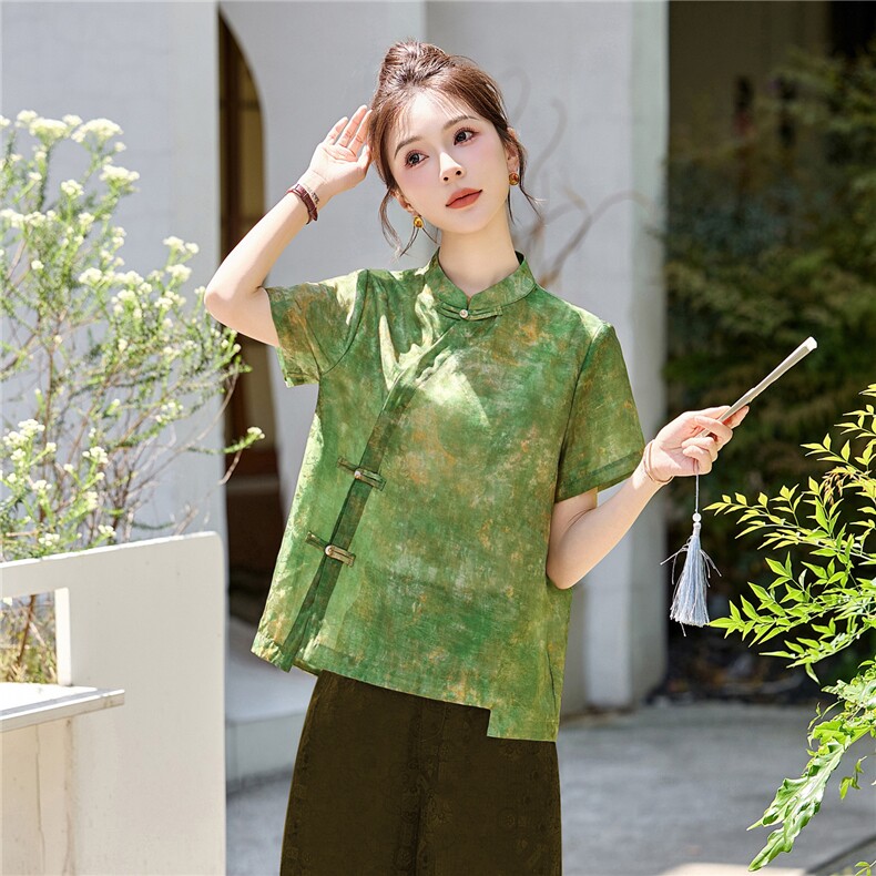 长期有货2026印花上衣女夏季薄款透气中袖衬衫中年妈妈宽松减龄潮，女装衬衫，璐依舞