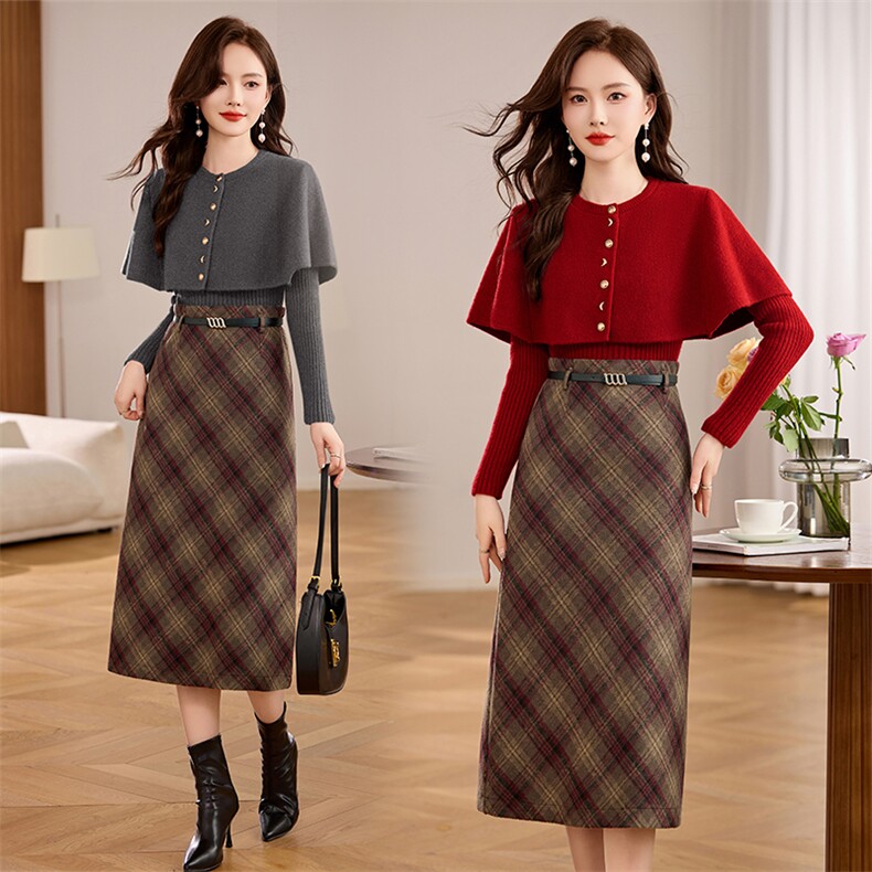 2024年冬季时尚潮流毛呢两件套套裙显瘦休闲，女装套装/套裙，鑫鑫美
