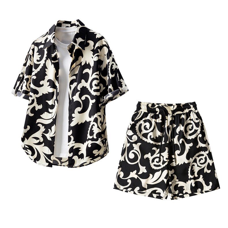 短袖衬衫男+短裤男套装男100%聚酯纤维M-5XL大码TZ78701P50控98，男装休闲套装，星座227-7