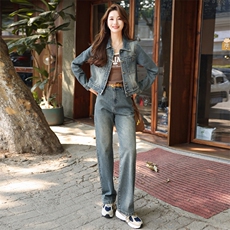 早春牛仔套装女2025新款时尚洋气减龄时髦今年流行复古长裤两件套，女装套装/套裙，意芙