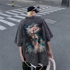 Q340-P38短袖t恤夏季十字架美式复古重磅高街水洗做旧宽松半袖，男装T恤，星座911-1