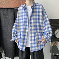秋装格子衬衫男女港风潮流复古休闲学生工装衬衣薄外套H211/P45，男装衬衫，钱塘713