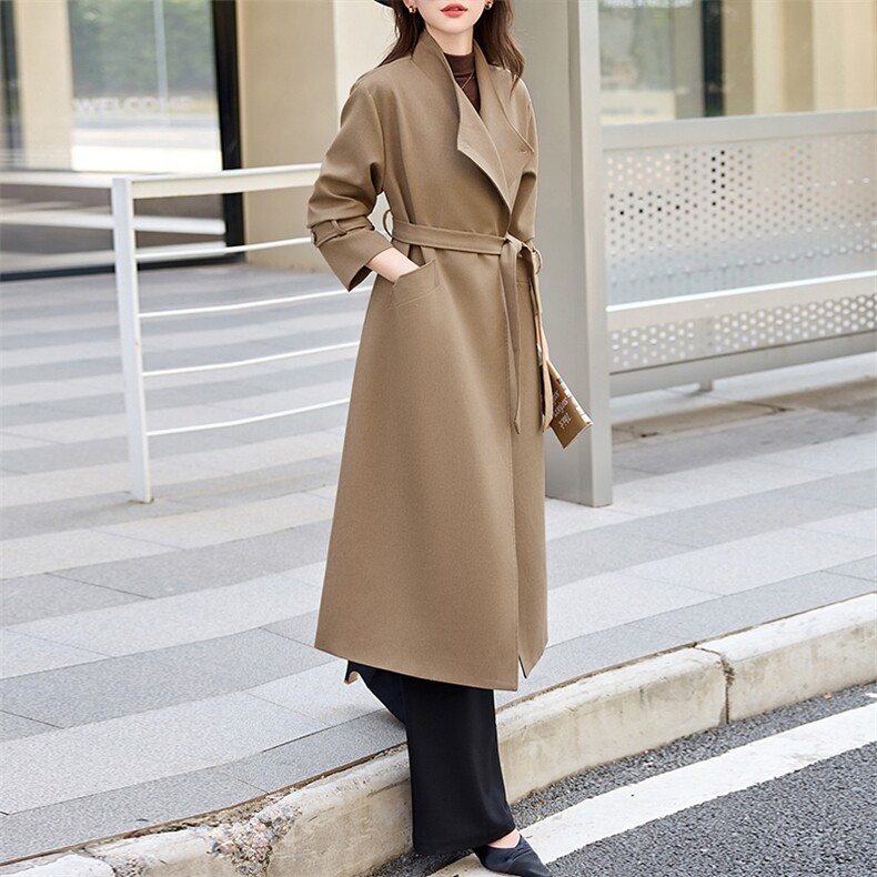 欧货正品一口价女2024秋冬英伦风中长款宽松百搭收腰系带翻领风衣,女装风衣,时尚俏佳人