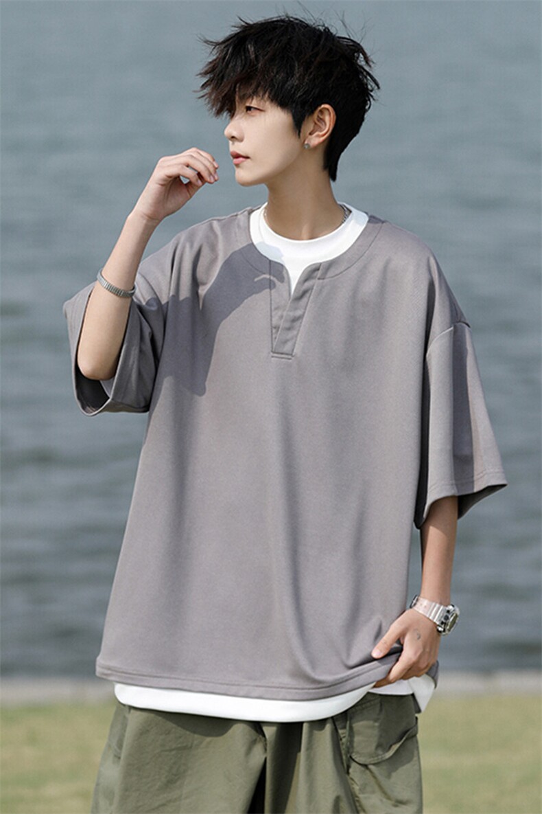 8XL-M重磅斜纹假两件短袖t恤男夏季薄款宽松大码半袖体恤DT006P45,男装T恤,电商B312
