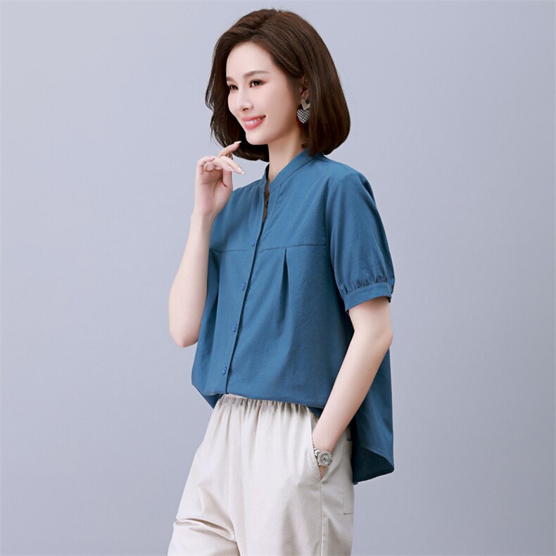 时尚棉麻短袖上衣女宽松显瘦百搭气质V领衬衫,女装衬衫,依恋蒂丝