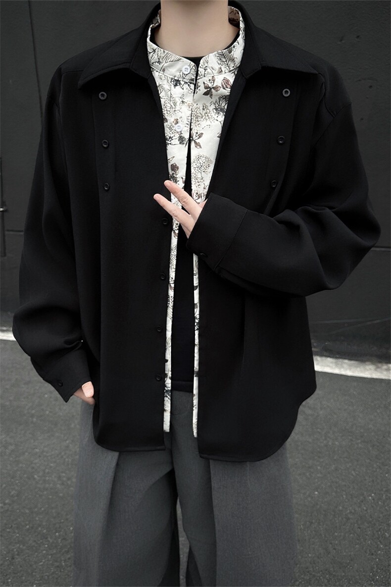 潮流男士花卉印花领翻领假两件休闲长袖衬衫上衣男潮特P52,男装衬衫,电商B319