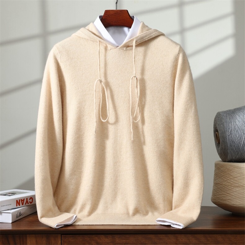2025舒适百搭简约秋冬新款抽绳帽衫男士羊绒衫，男装羊绒套衫，蒙亿羊绒