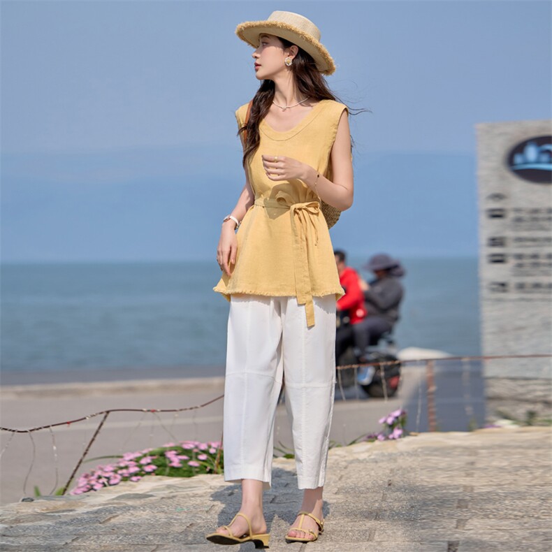 通勤出街气质棉麻两件套女2025夏季新款韩版长裤上衣搭配套装,女装套装/套裙,梦懿尔