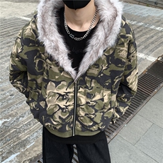 设计感毛绒拼接玫瑰迷彩连帽棉服男女休闲宽松短款外套潮p108，男装棉衣，电商C307