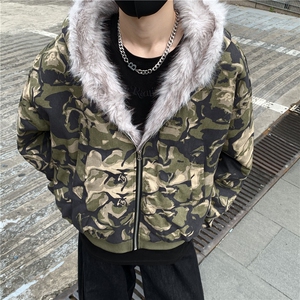 设计感毛绒拼接玫瑰迷彩连帽棉服男女休闲宽松短款外套潮p108图片