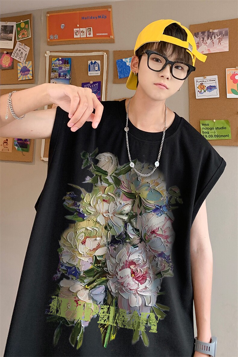 油画花朵复古印花无袖T恤夏季背心/马甲/坎肩XZ514-2-1290-P23,男装背心/马甲,星座514-2(原B239)