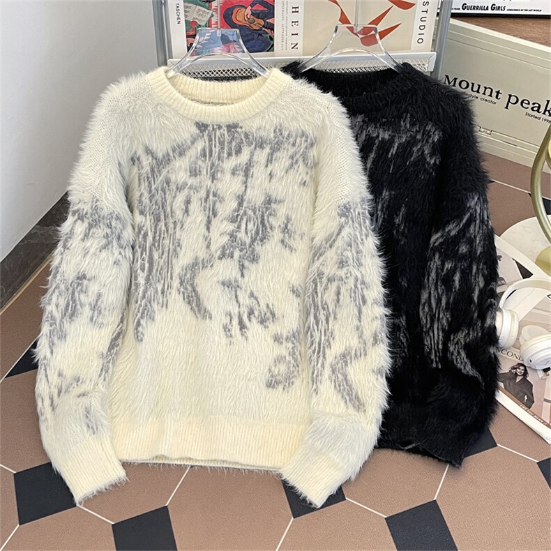 2024新款美式潮牌拼色宽松柔软亲肤仿貂毛提花毛衣现货 W8477-P62图片