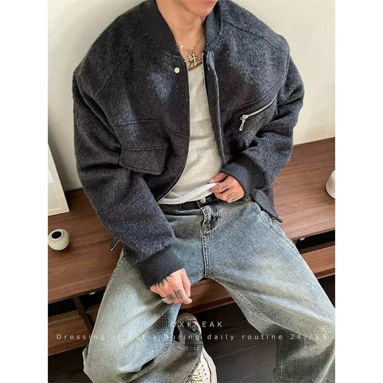 美式潮流夹棉毛呢棉服外套男冬季落肩宽松呢料棉衣夹克图片