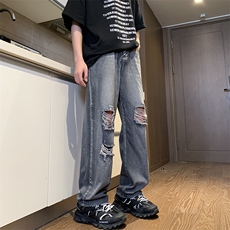 潮牌欧美街头破洞牛仔裤男hiphop裤子直筒阔腿裤乞丐裤N541-p45，男装牛仔裤，星座1001-1