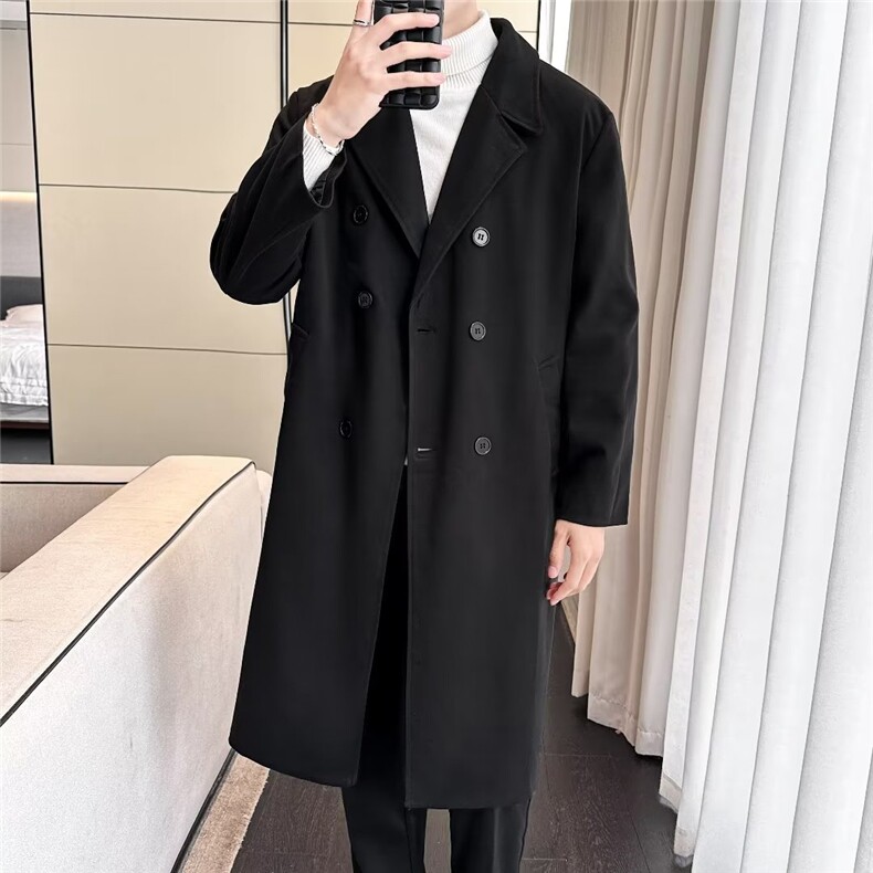 现货冬季毛呢大衣男中长款过膝西装领双排扣呢子风衣外套ins潮,男装风衣,星座218-1（原230）