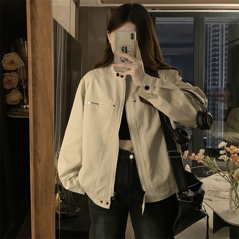 韩版复古米白外套女秋季慵懒风宽松工装夹克运动上衣女C798-P100,男装夹克,星座911-2(原星座613-2）