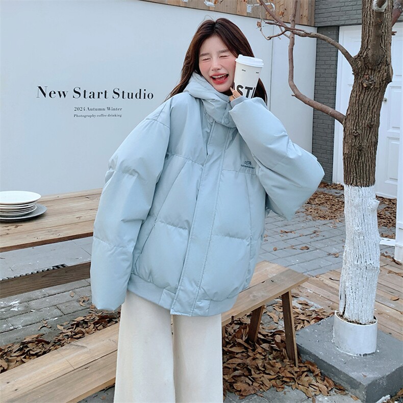蓝色字母绣标连帽羽绒服女2025冬季新款90白鸭绒时尚小清新短外套,女装羽绒服,2B188