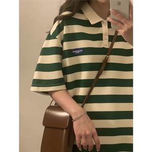 1中性风大码M-5XL美式条纹polo衫女翻领短袖T恤男DP8761P40控59图片