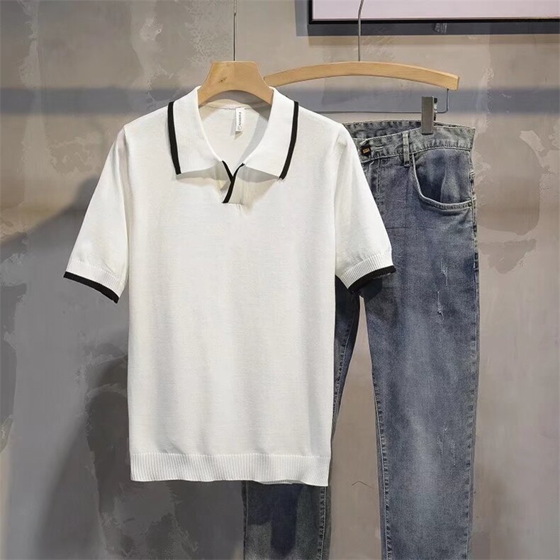 八字领透气针织polo衫男夏季时尚拼色条纹翻领t恤男短袖3372-P40,男装T恤,星座1116A-2（原606A-1）