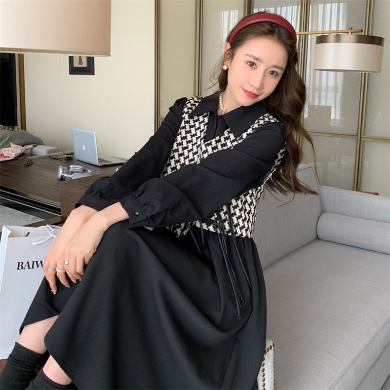 新中式国风千鸟格马甲套装女2025春秋新款收腰显瘦衬衫长裙两件套,女装连衣裙,菡迪欧娜